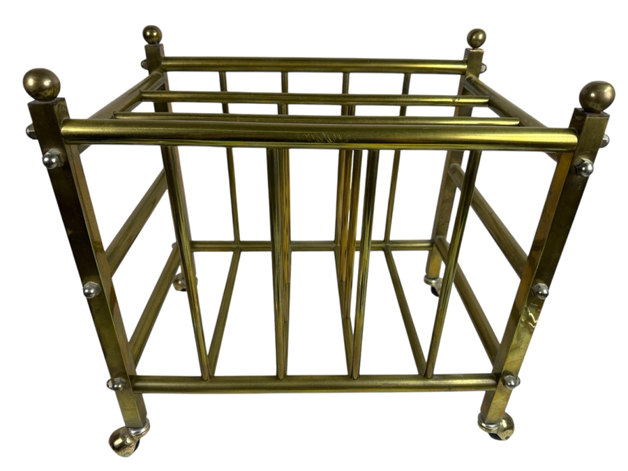 Vintage Brass Canterbury Magazine Rack On Casters 18.5W X 11.5D X 16H [Photo 1]