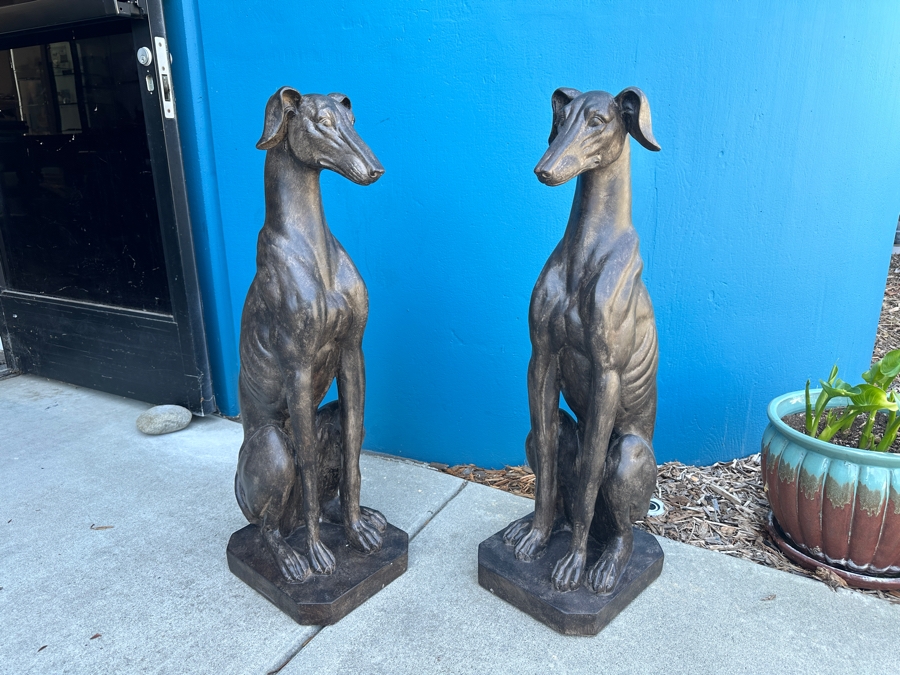 Pair Of Large Resin Art Deco Style Greyhound Dog Sculptures, New 31.5'H