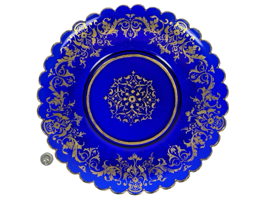 Antique Cobalt Blue Bohemia Glass Plate With Gold Decorations 13.25'W [Photo 2]
