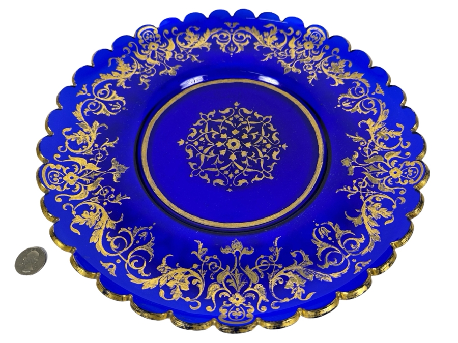 Antique Cobalt Blue Bohemia Glass Plate With Gold Decorations 13.25'W