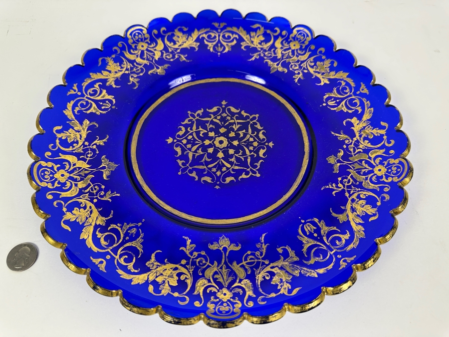 Antique Cobalt Blue Bohemia Glass Plate With Gold Decorations 13.25'W [Photo 3]