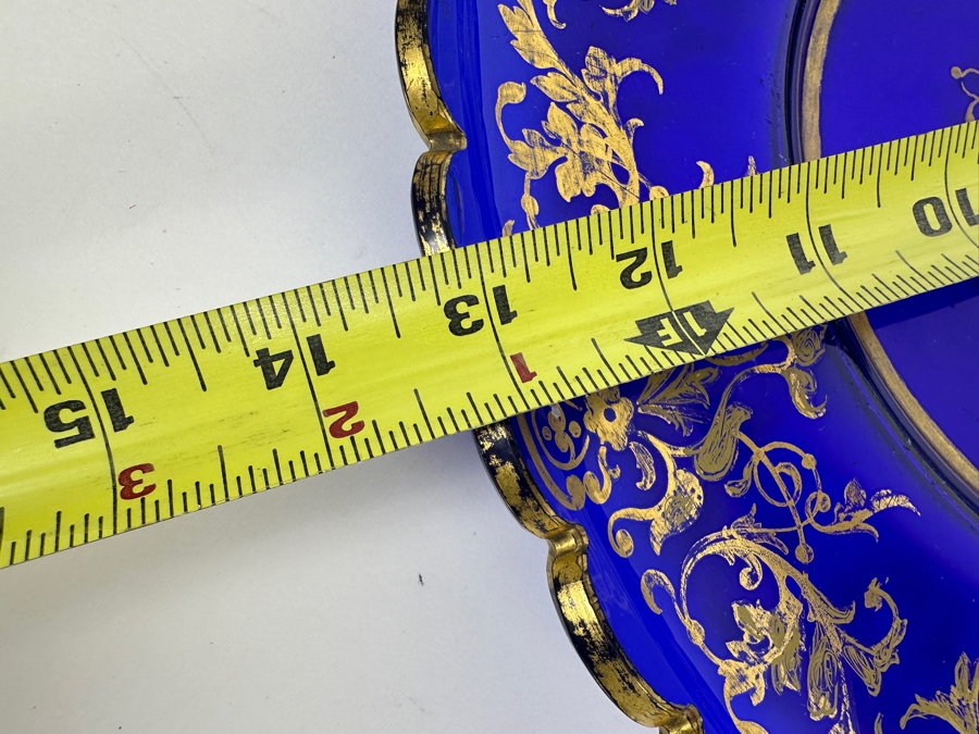 Antique Cobalt Blue Bohemia Glass Plate With Gold Decorations 13.25'W [Photo 5]