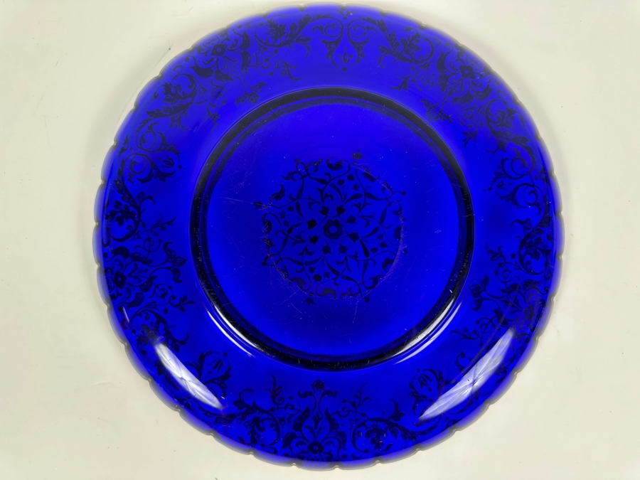 Antique Cobalt Blue Bohemia Glass Plate With Gold Decorations 13.25'W [Photo 4]