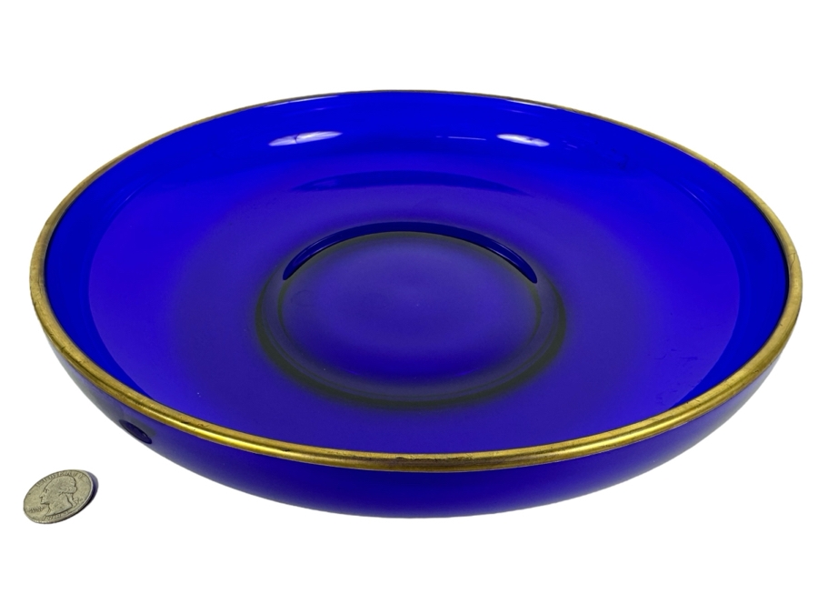Vintage Cobalt Blue Glass Dish With Gold Rim 12R X 2.5H