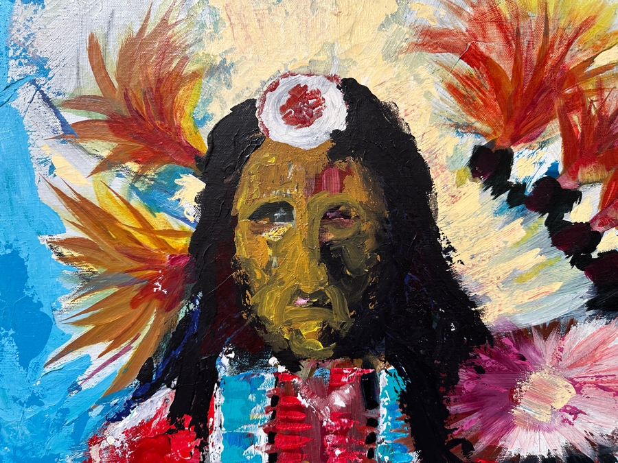 Original Gerry Kirk Abstract Expressionist Oil Painting On Canvas Of A Native American Chief Unsigned 30 X 40 [Photo 2]