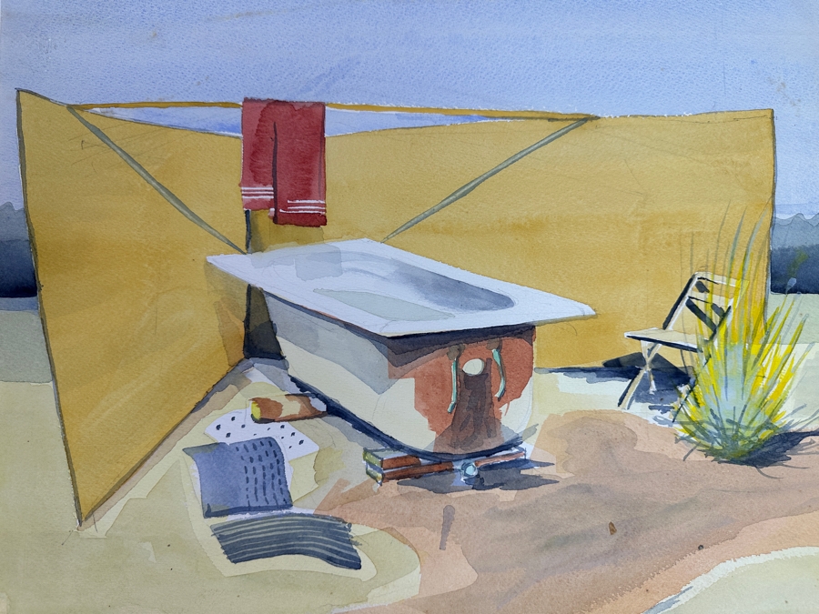Original Gerry Kirk Watercolor Painting On Paper Unsigned Of Desert Camping Scene 18 X 15 [Photo 2]