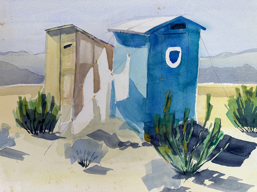 Original Gerry Kirk Watercolor Painting On Paper Unsigned Of Desert Outhouse Scene 18 X 15 [Photo 3]