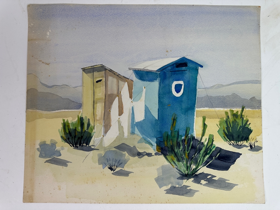 Original Gerry Kirk Watercolor Painting On Paper Unsigned Of Desert Outhouse Scene 18 X 15 [Photo 2]