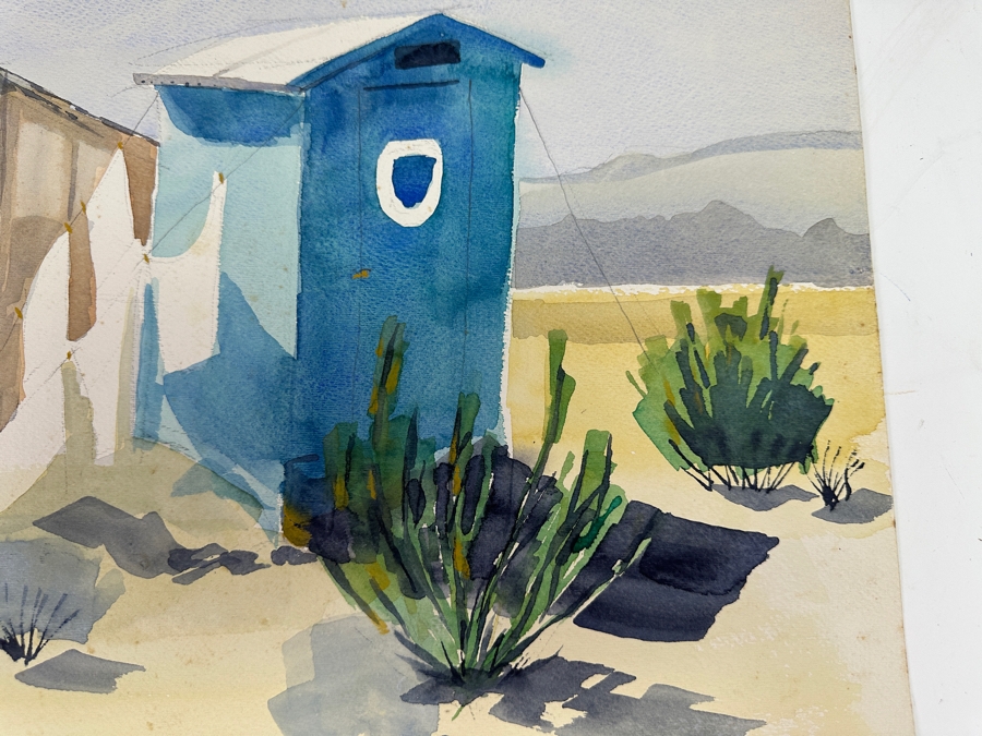 Original Gerry Kirk Watercolor Painting On Paper Unsigned Of Desert Outhouse Scene 18 X 15 [Photo 4]