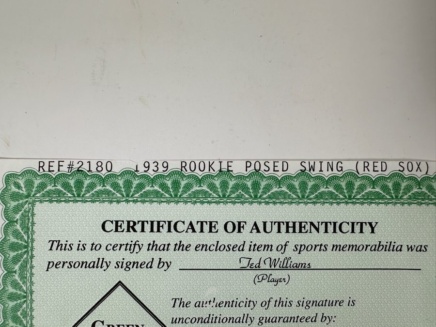 Autographed 1939 Ted Williams Rookie Posed Swing (Red Sox) B&W Photograph With Green Diamond Sports Certificate Of Authenticity 15 X 19 Framed 21 X 25 [Photo 15]