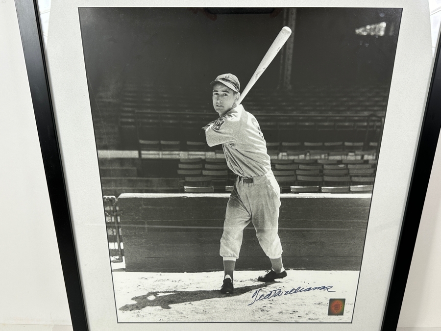 Autographed 1939 Ted Williams Rookie Posed Swing (Red Sox) B&W Photograph With Green Diamond Sports Certificate Of Authenticity 15 X 19 Framed 21 X 25