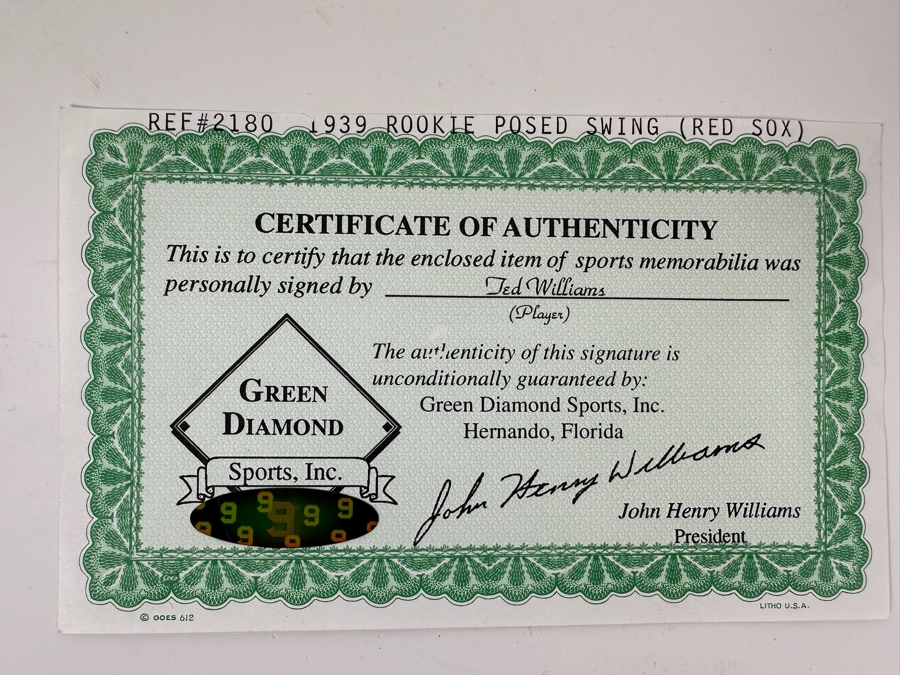 Autographed 1939 Ted Williams Rookie Posed Swing (Red Sox) B&W Photograph With Green Diamond Sports Certificate Of Authenticity 15 X 19 Framed 21 X 25 [Photo 14]
