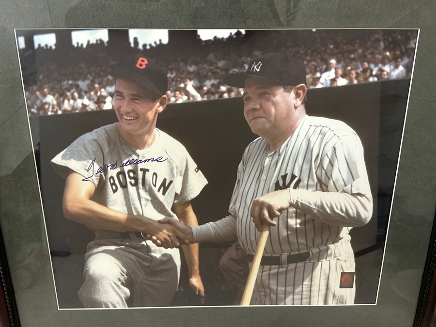 Ted Williams & Babe Ruth Color Photograph Autographed By Ted Williams With Green Diamond Sports Certificate Of Authenticity 20 X 24 Framed 34 X 30