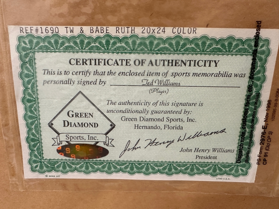 Ted Williams & Babe Ruth Color Photograph Autographed By Ted Williams With Green Diamond Sports Certificate Of Authenticity 20 X 24 Framed 34 X 30 [Photo 14]