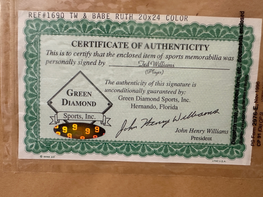 Ted Williams & Babe Ruth Color Photograph Autographed By Ted Williams With Green Diamond Sports Certificate Of Authenticity 20 X 24 Framed 34 X 30 [Photo 15]