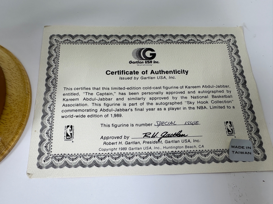 Kareem Abdul-Jabbar Autographed Special Issue Figurine LA Lakers By Gartlan 1989 Limited Edition Of 1,989 'The Captain' Personally Autographed By Kareem Note Damage To One Of The Legs With C.O.A. And Box 11H [Photo 5]