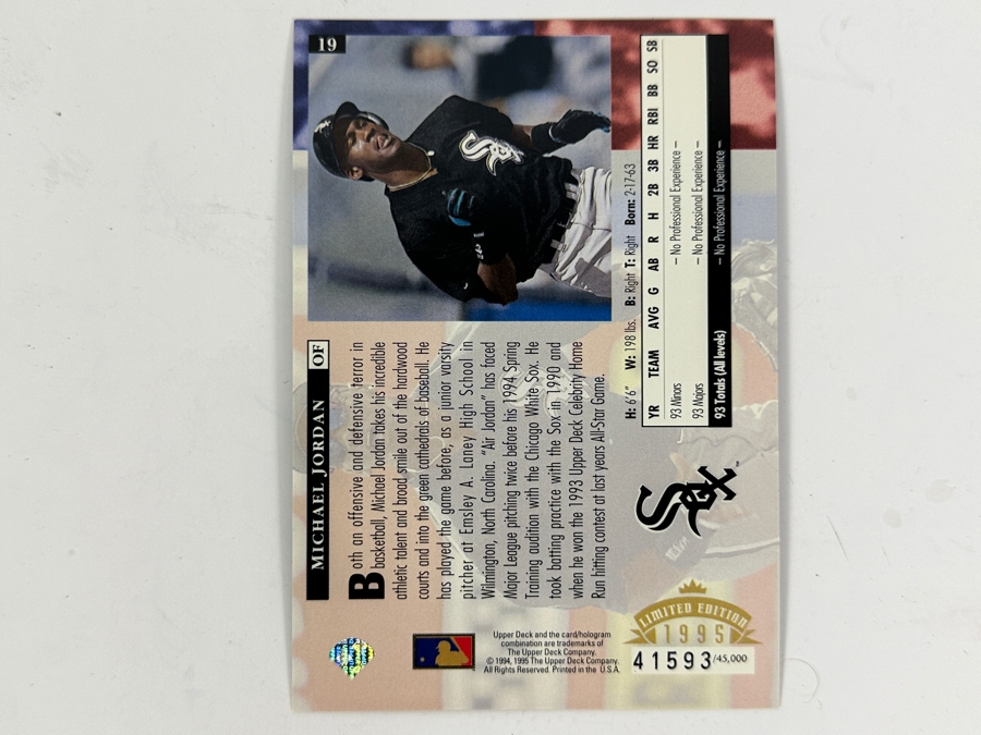 Limited Edition 1995 Upper Deck Oversized Michael Jordan Chicago White Sox Rookie MLB Baseball Card Numbered 41,593 Of 45,000 [Photo 2]
