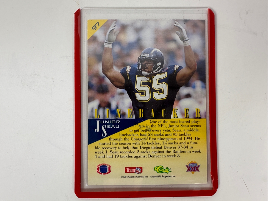 Junior Seau Signed NFL San Diego Chargers Football Card 1994 Classic Games, Inc. [Photo 5]