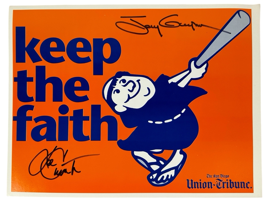 Tony Gwynn & Ken Caminiti Autographed Keep The Faith Padres Sign The San Diego Union Tribune With Jack In The Box Ad On Back 1996 14 X 10 [Photo 1]