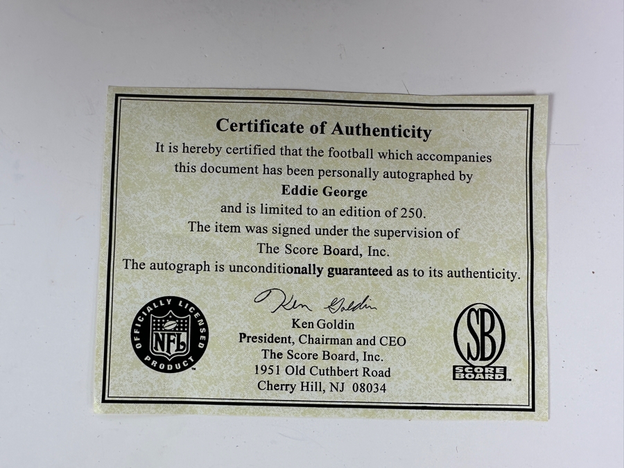 Eddie George Autographed NFL Football Limited Edition Numbered 246 Of 250 With C.O.A. From Ken Goldin The Score Board [Photo 4]