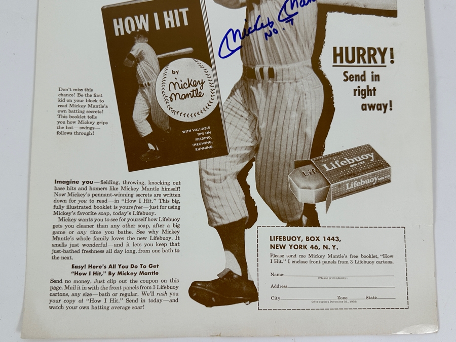 Vintage Cardboard Lifebuoy Soap Mickey Mantle No. 7 Autographed Advertisement 11 X 14 [Photo 3]