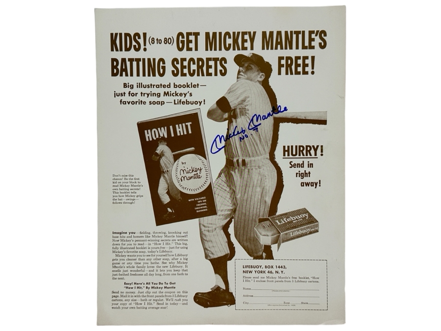 Vintage Cardboard Lifebuoy Soap Mickey Mantle No. 7 Autographed Advertisement 11 X 14 [Photo 1]