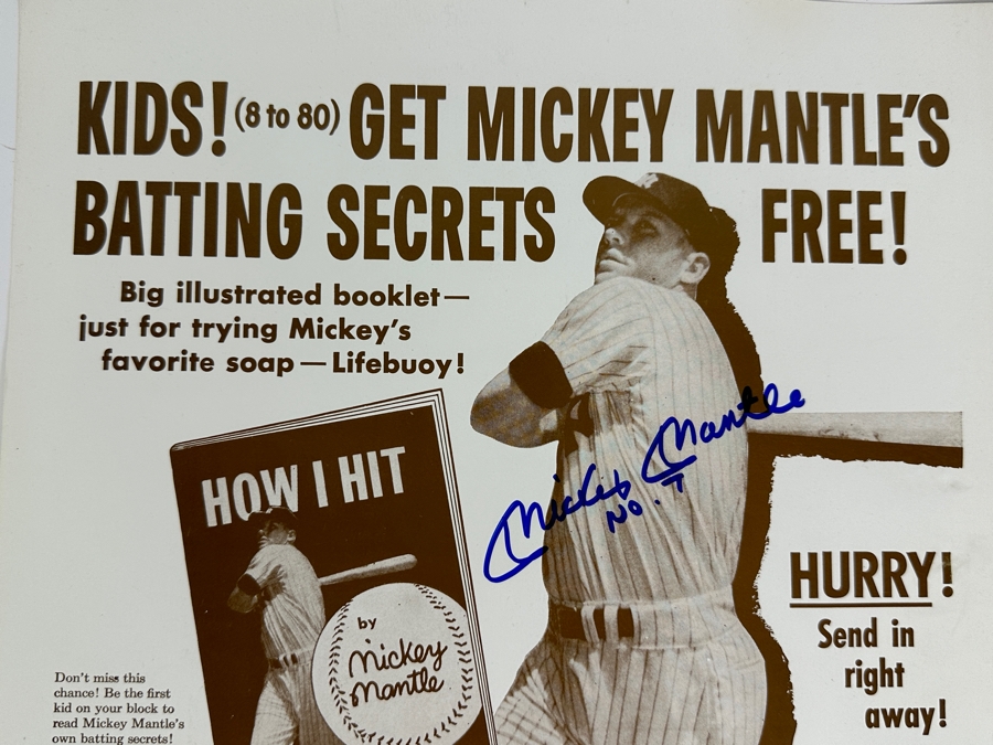 Vintage Cardboard Lifebuoy Soap Mickey Mantle No. 7 Autographed Advertisement 11 X 14 [Photo 2]