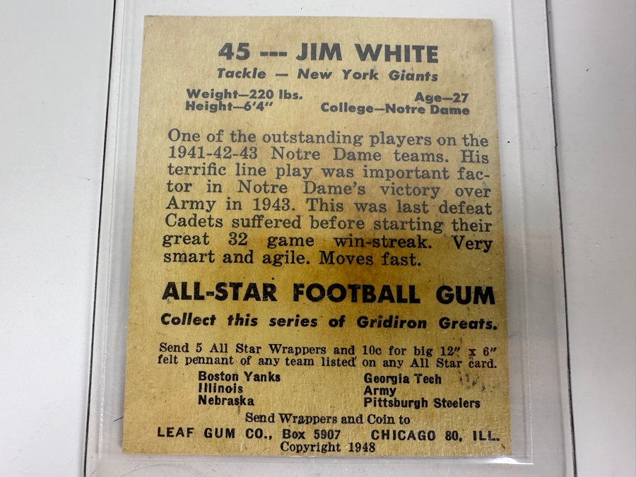 1948 Leaf Gum Co. #45 Jim White New York Giants Football Card [Photo 2]