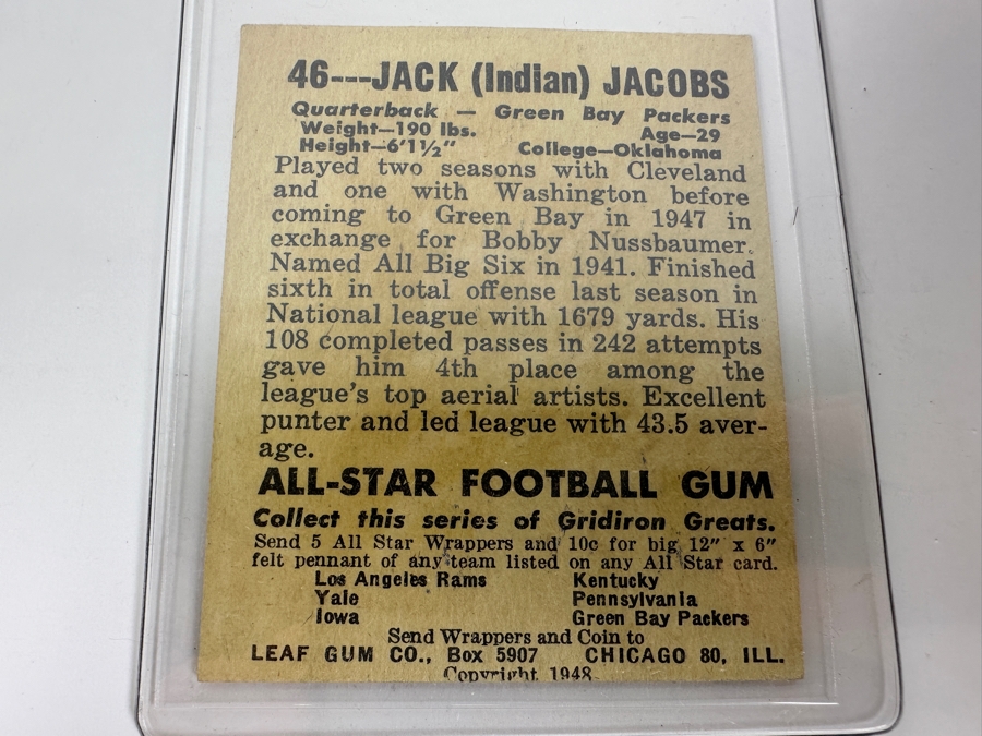 1948 Leaf Gum Co. #46 Jack (Indian) Jacobs Green Bay Packers Football Card [Photo 2]