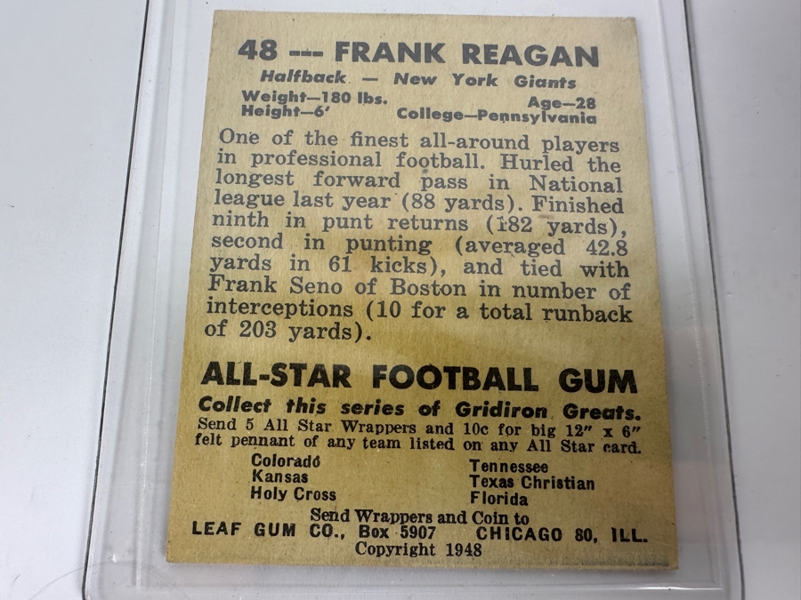 1948 Leaf Gum Co. #48 Frank Reagan New York Giants Football Card [Photo 2]