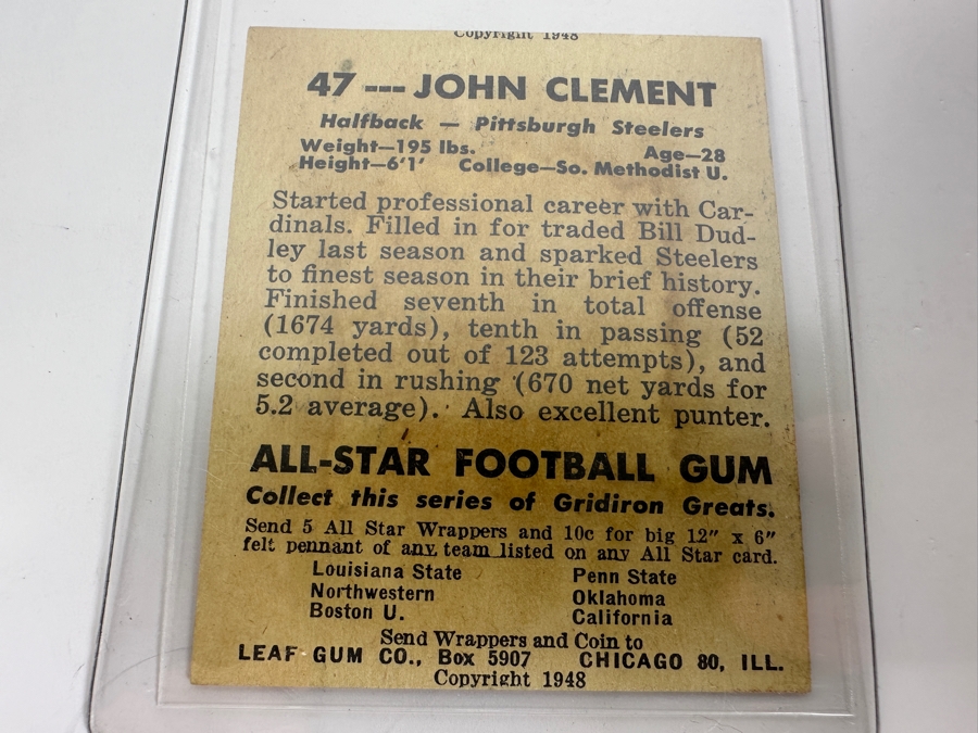 1948 Leaf Gum Co. #47 John Clement Pittsburgh Steelers Football Card [Photo 2]