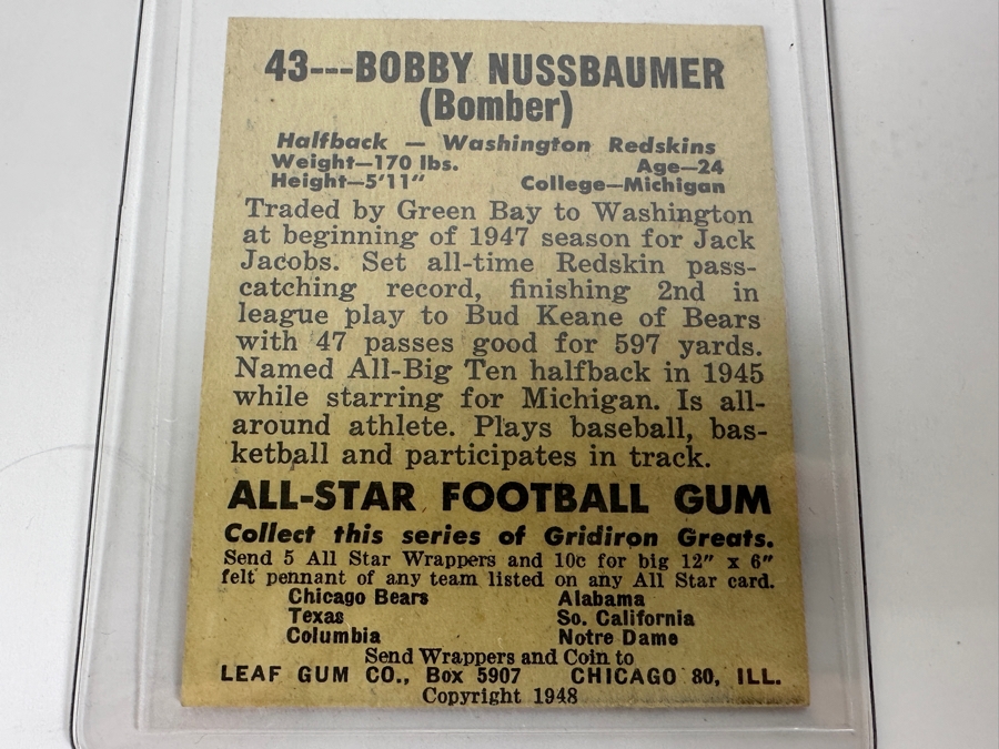 1948 Leaf Gum Co. #43 Bobby Nussbaumer (Bomber) Washington Redskins Football Card [Photo 2]