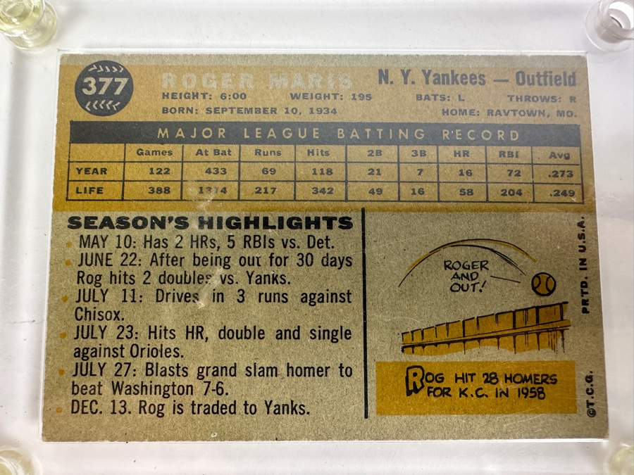 1960 Topps #377 Roger Maris New York Yankees Baseball Card [Photo 2]