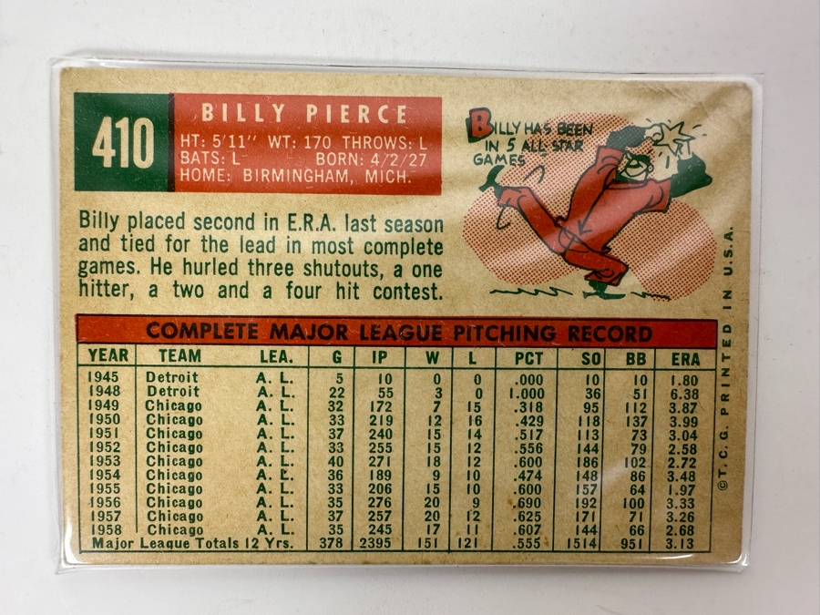 1959 Topps #410 Billy Pierce Chicago White Sox Baseball Card [Photo 2]