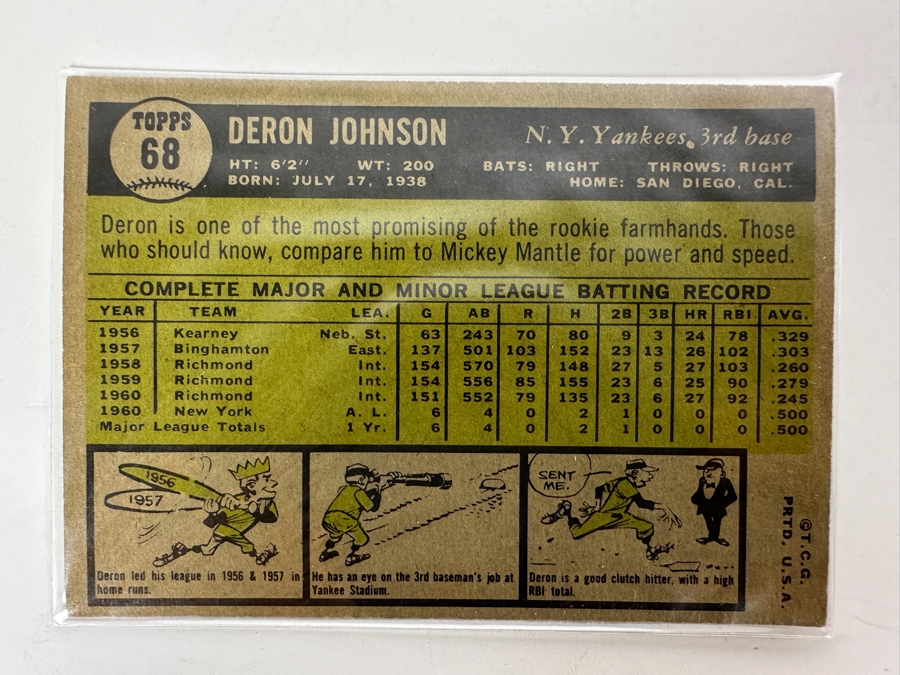 1961 Topps #68 Deron Johnson Rookie Card New York Yankees Baseball Card [Photo 2]