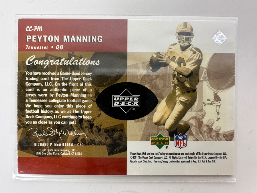 Upper Deck 2001 MVP Peyton Manning Campus Classics University Of Tennessee Game-Used Jersey Football Card [Photo 3]
