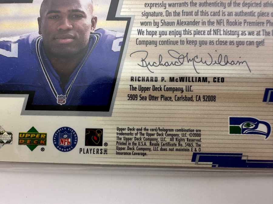 Upper Deck 2000 Shaun Alexander Seattle Seahawks Autographed With Game-Used Jersey Football Card Limited Edition 1 Of 37 [Photo 5]