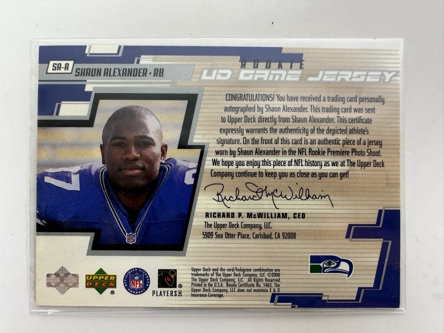 Upper Deck 2000 Shaun Alexander Seattle Seahawks Autographed With Game-Used Jersey Football Card Limited Edition 1 Of 37 [Photo 4]