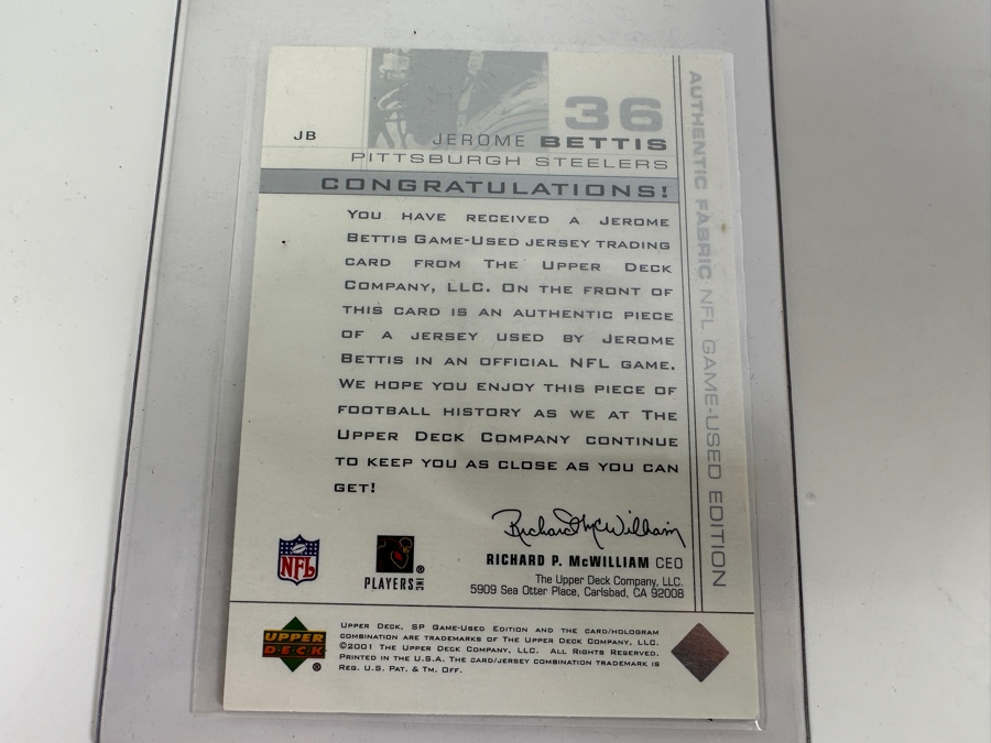Upper Deck SP 2001 Jerome Bettis Pittsburgh Steelers Game-Used Jersey Football Card [Photo 3]