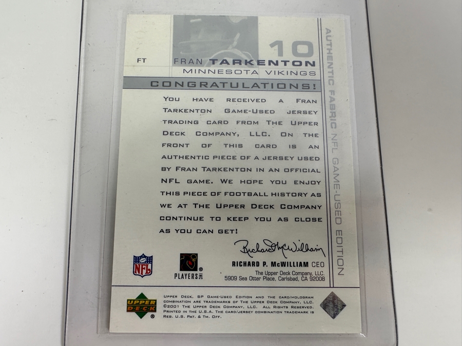Upper Deck SP 2001 Fran Tarkenton Minnesota Vikings Game-Used Jersey Football Card [Photo 3]