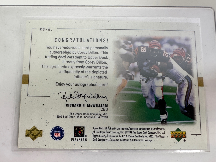 Upper Deck SP 1999 Corey Dillon Autographed Cincinnati Bengals Football Card [Photo 3]