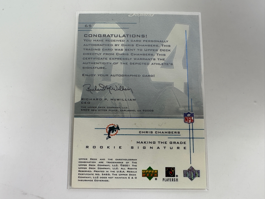 Upper Deck 2001 Chris Chambers Autographed Miami Dolphins Limited Edition Football Card Numbered 545 Of 750 [Photo 4]