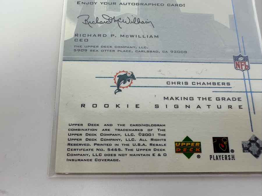 Upper Deck 2001 Chris Chambers Autographed Miami Dolphins Limited Edition Football Card Numbered 545 Of 750 [Photo 5]