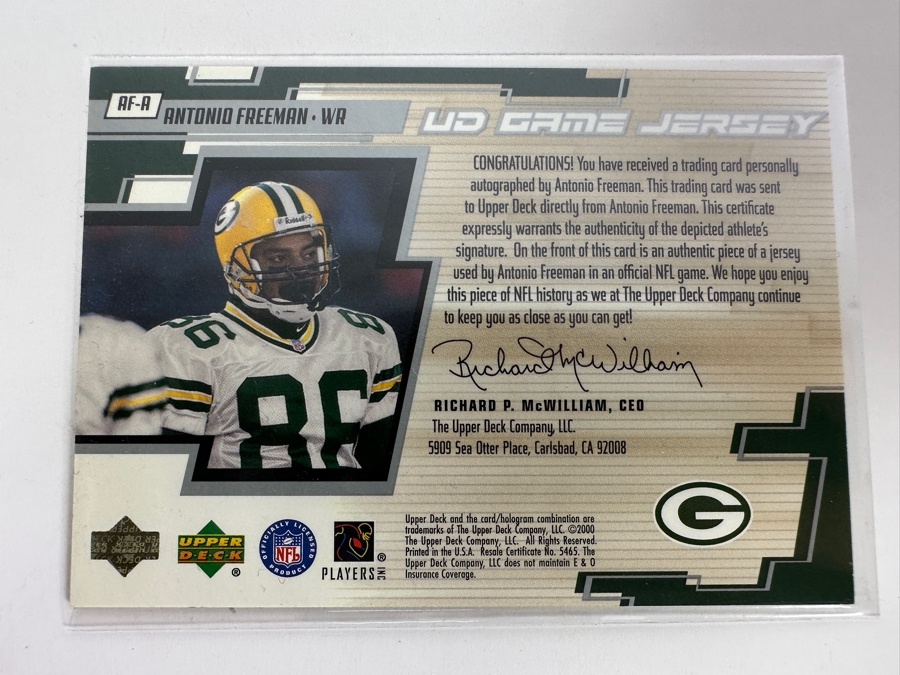 Upper Deck 2000 Antonio Freeman Autographed Green Bay Packers Game-Used Jersey Limited Edition Football Card Numbered 42 Of 86 [Photo 3]