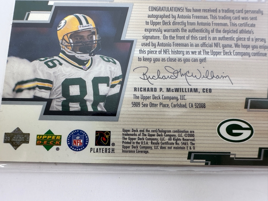 Upper Deck 2000 Antonio Freeman Autographed Green Bay Packers Game-Used Jersey Limited Edition Football Card Numbered 42 Of 86 [Photo 4]