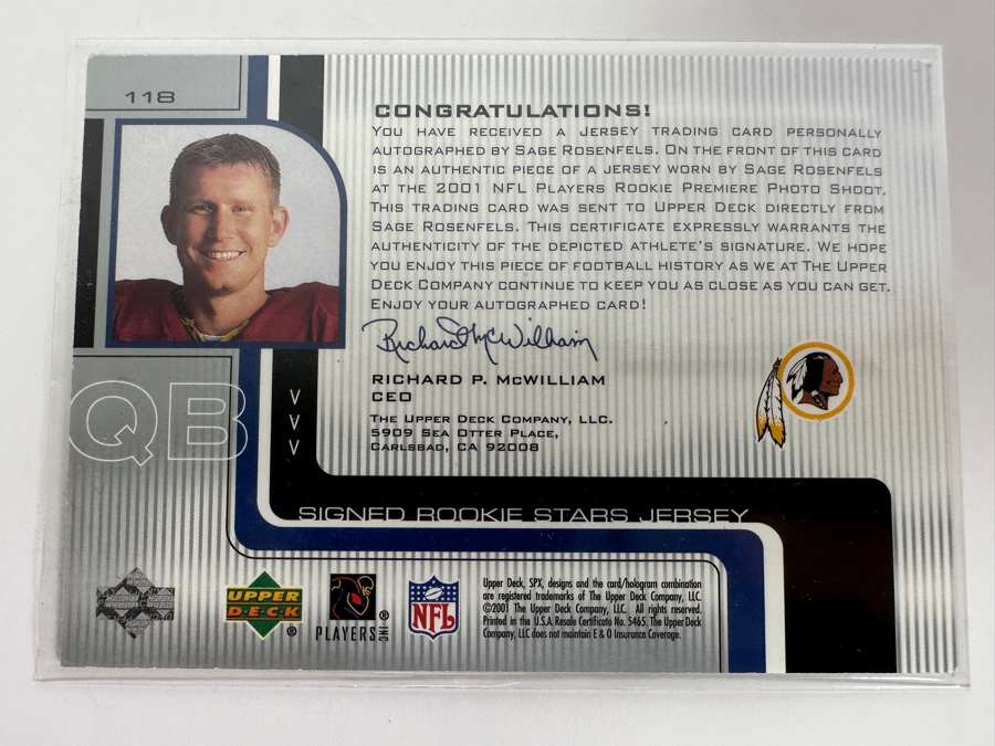 Upper Deck SP 2001 Sage Rosenfels Autographed Rookie Washington Redskins Game-Used Jersey Limited Edition Football Card Numbered 710 Of 900 [Photo 5]