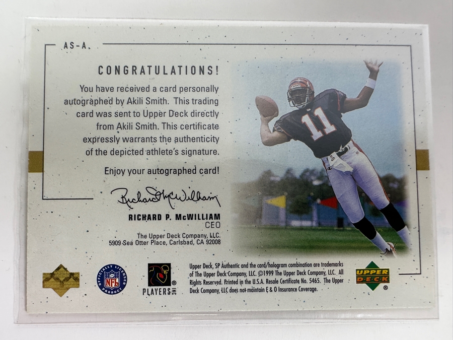 Upper Deck SP 1999 Akili Smith Autographed Cincinnati Bengals Football Card [Photo 2]