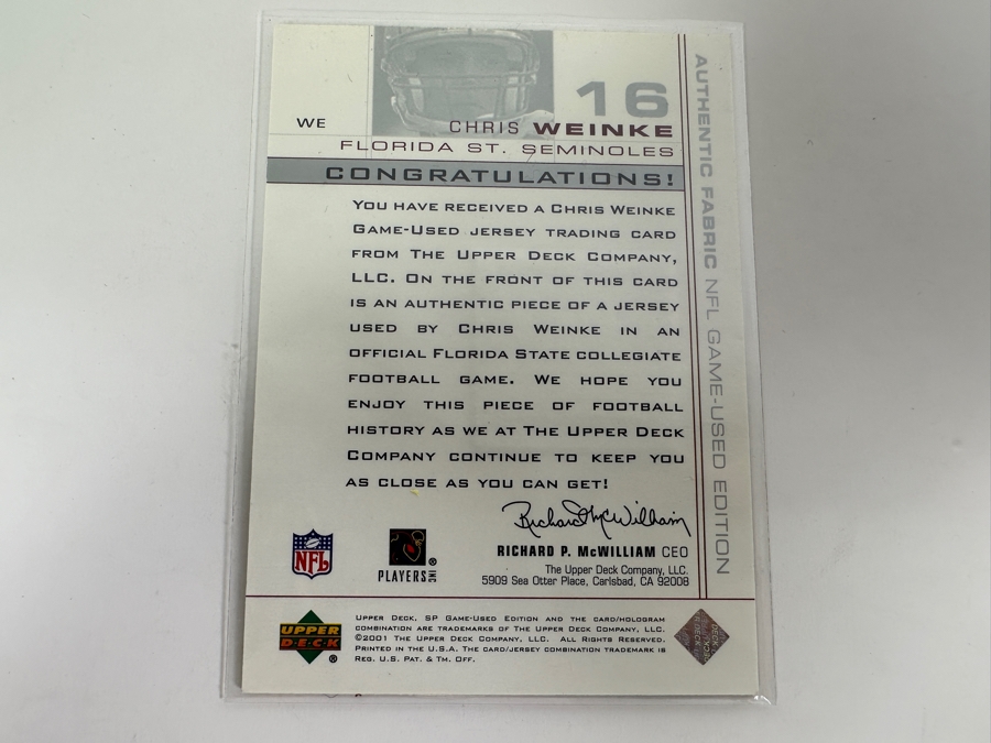 Upper Deck SP 2001 Chris Weinke Florida State Game-Used Jersey Football Card [Photo 3]