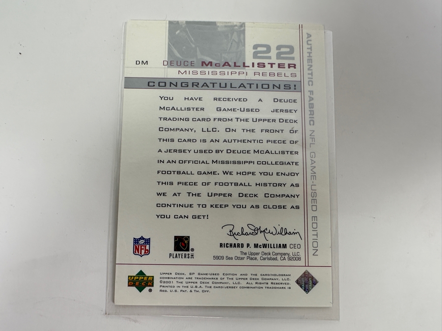 Upper Deck SP 2001 Deuce McAllister Ole Miss University Of Mississippi Game-Used Jersey Football Card [Photo 3]