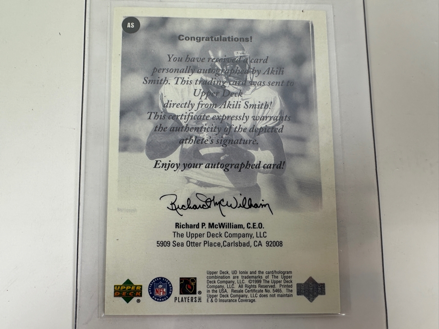 Upper Deck 1999 Akili Smith Autographed Football Card [Photo 2]